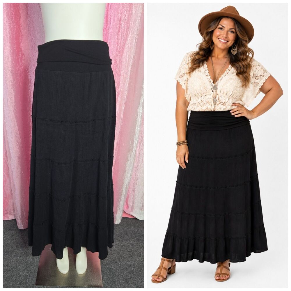 Bohemian Cafe Black Tiered Western Boho Witchy Maxi Cotton Skirt Size 2X